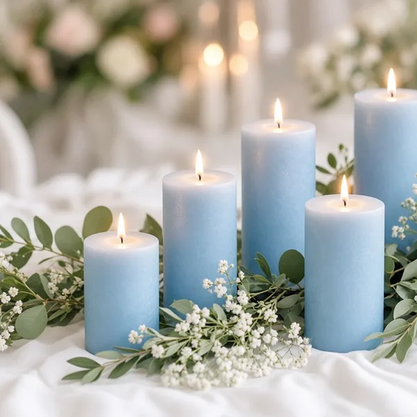 Baby blue taper candles styled for a wedding table