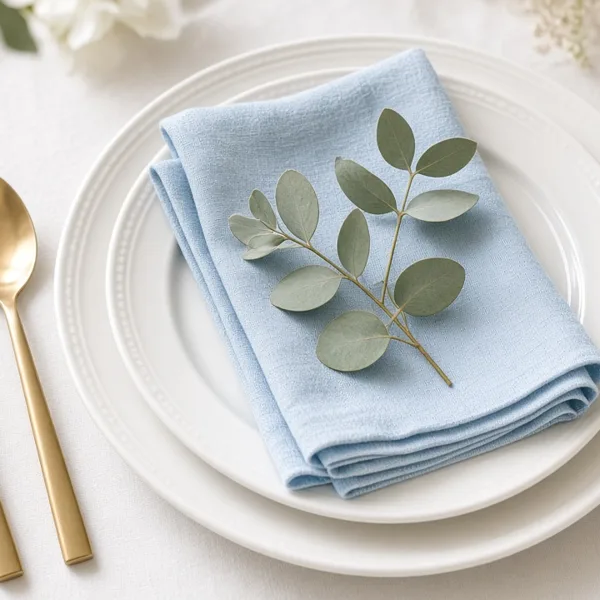 Baby blue cloth napkins styled for a wedding table