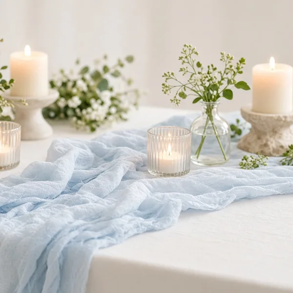 Baby blue cheesecloth table runner styled for a wedding table