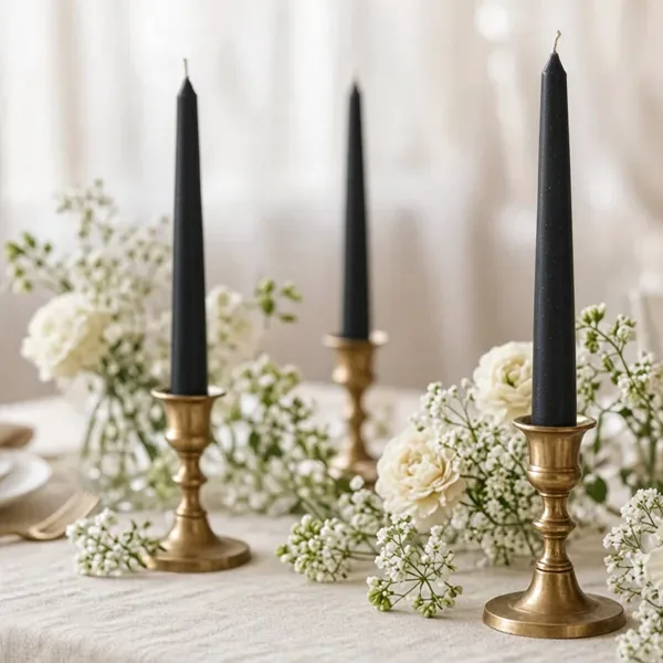 Black taper candles styled for a wedding table