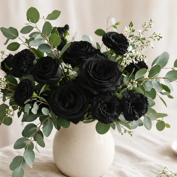 Black artificial flowers styled for a wedding table