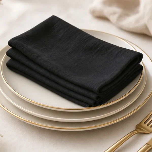 Black cloth napkins styled for a wedding table