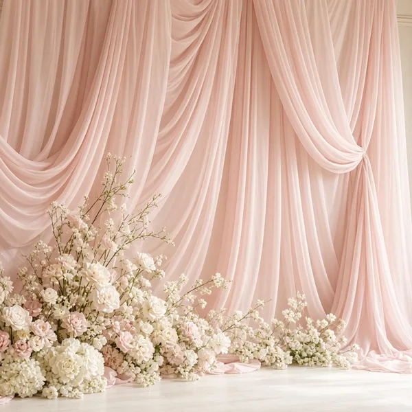 Blush pink chiffon backdrop drapes styled for a wedding table