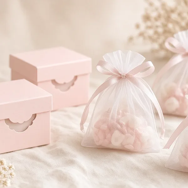 Blush pink favor bags & boxes styled for a wedding table