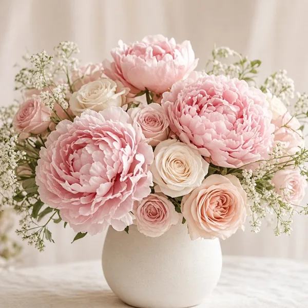 Blush pink artificial flowers styled for a wedding table