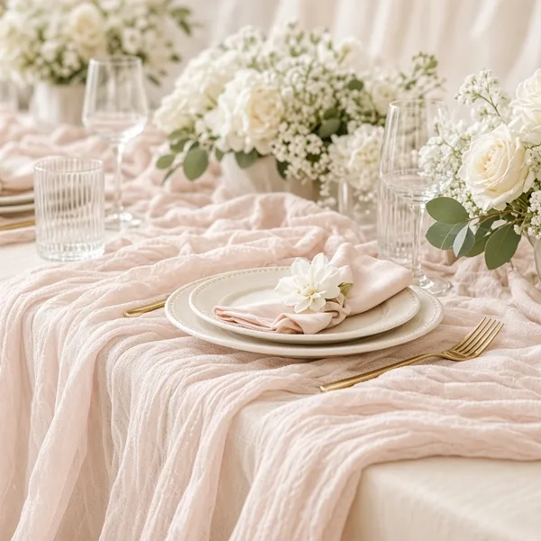 Blush pink cheesecloth table runner styled for a wedding table