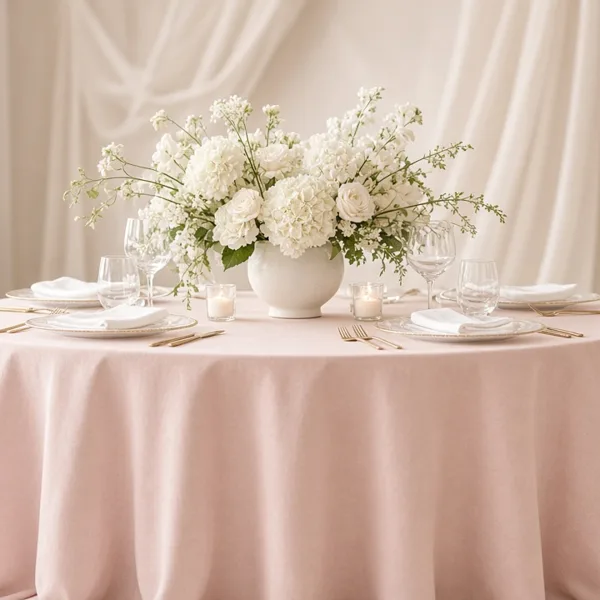 Blush pink tablecloth styled for a wedding table