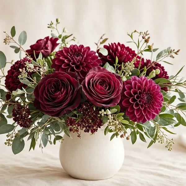 Burgundy artificial flowers styled for a wedding table