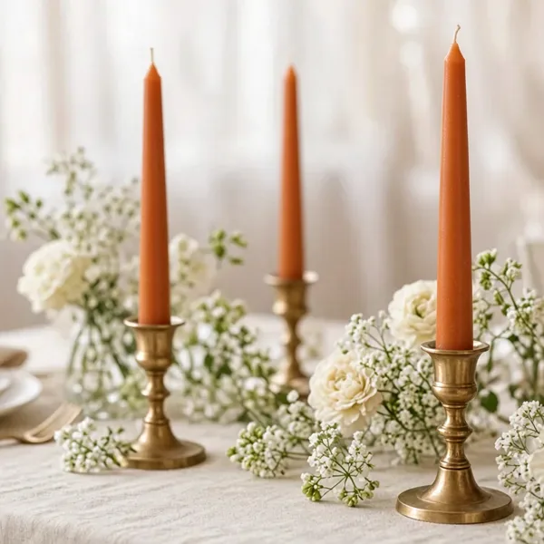 Burnt orange taper candles styled for a wedding table