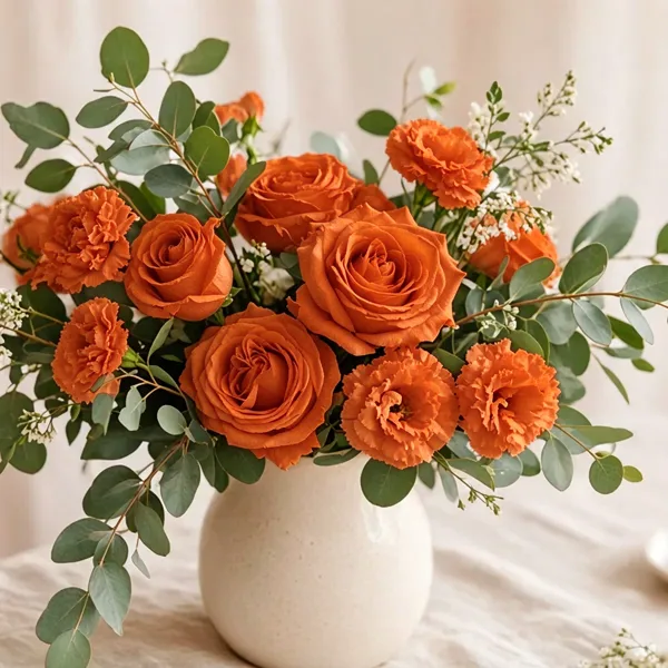 Burnt orange artificial flowers styled for a wedding table