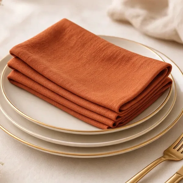 Burnt orange cloth napkins styled for a wedding table