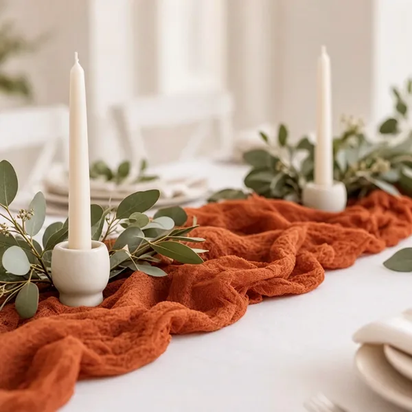 Burnt orange cheesecloth table runner styled for a wedding table