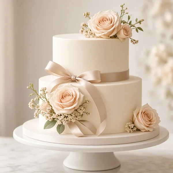 Champagne cake topper & flowers styled for a wedding table