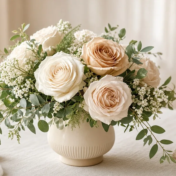 Champagne artificial flowers styled for a wedding table