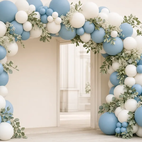 Dusty blue balloon garland kit styled for a wedding table