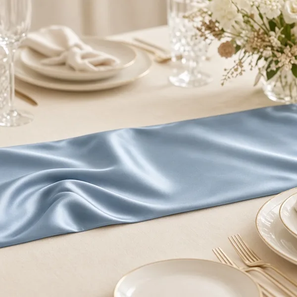 Dusty blue satin table runner styled for a wedding table