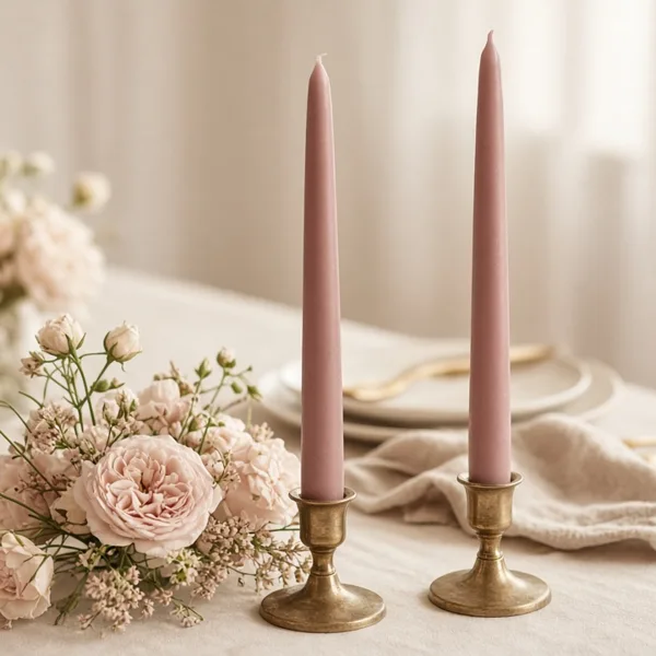 Dusty rose taper candles styled for a wedding table