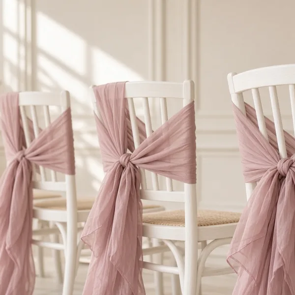 Dusty rose chair sashes styled for a wedding table