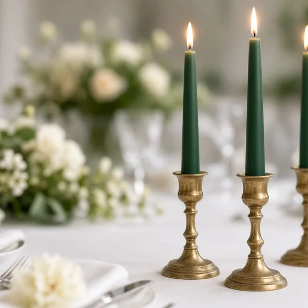 Hunter green taper candles styled for a wedding table