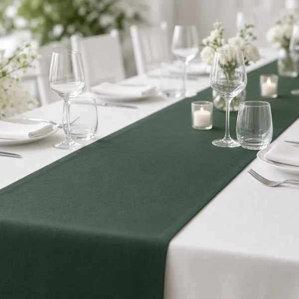 Hunter green cheesecloth table runner styled for a wedding table