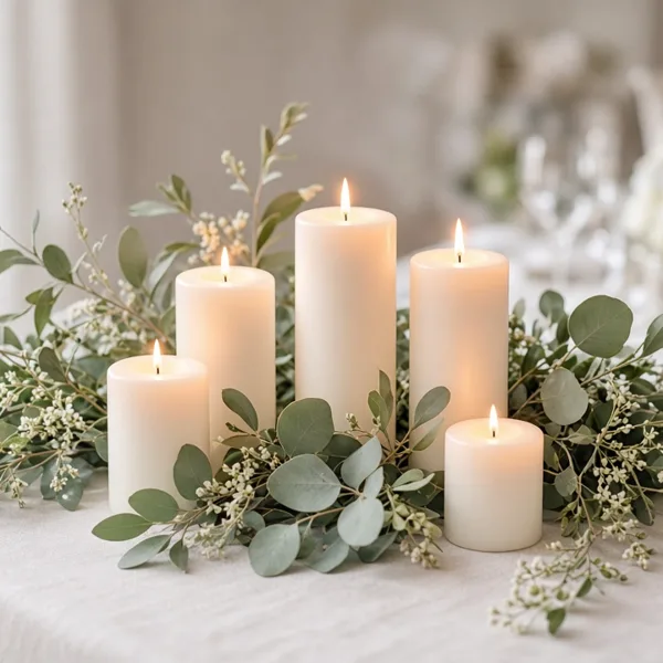 Ivory taper candles styled for a wedding table