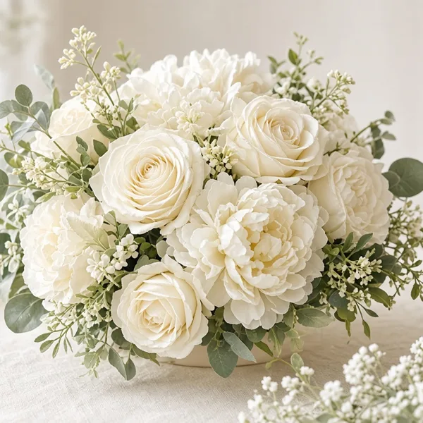 Ivory artificial flowers styled for a wedding table