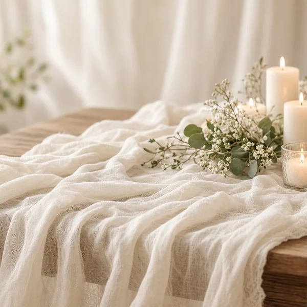 Ivory cheesecloth table runner styled for a wedding table