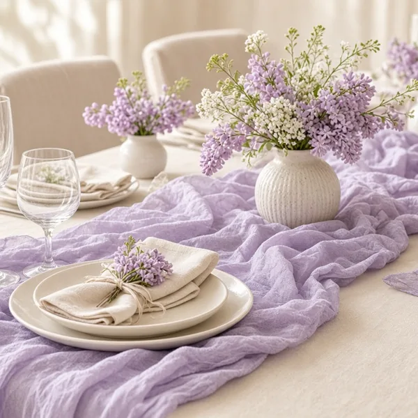 Lavender cheesecloth table runner styled for a wedding table