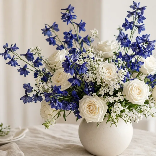 Navy blue artificial flowers styled for a wedding table