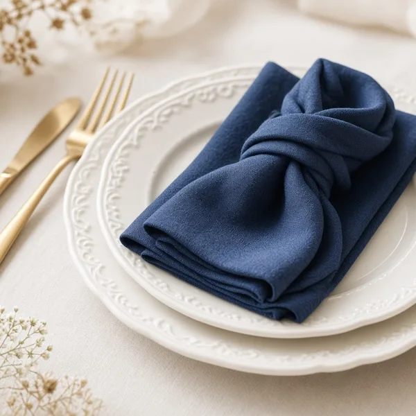 Navy blue cloth napkins styled for a wedding table