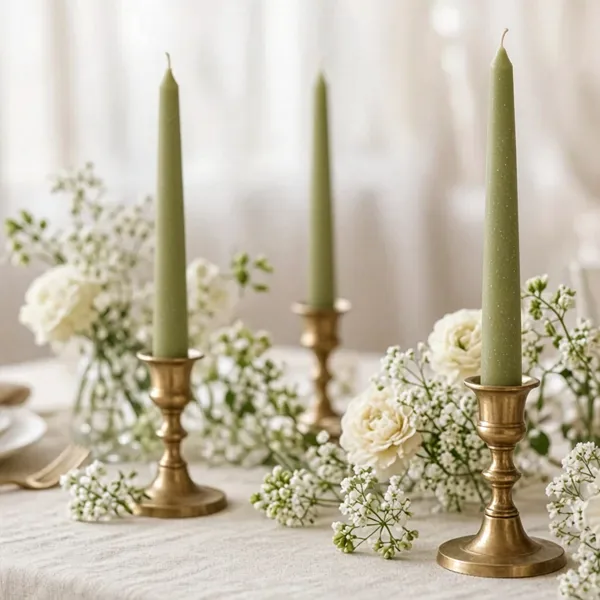 Olive green taper candles styled for a wedding table