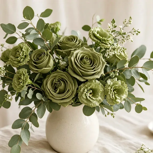 Olive green artificial flowers styled for a wedding table