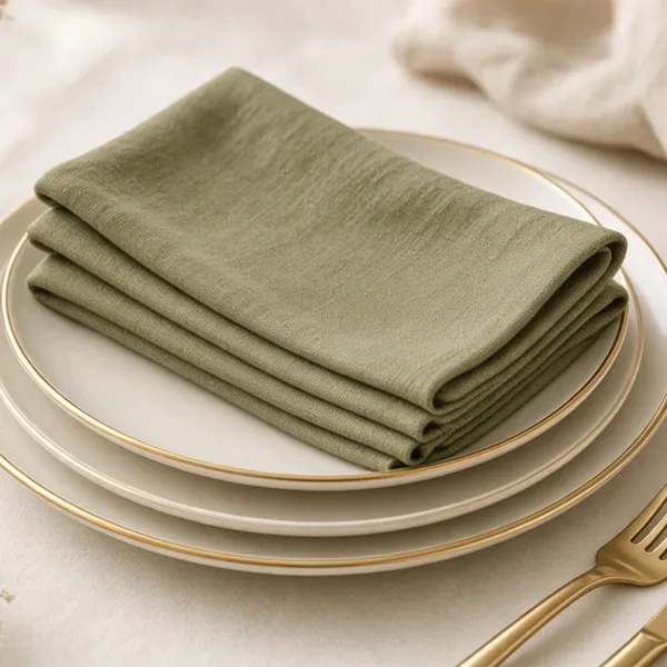 Olive green cloth napkins styled for a wedding table
