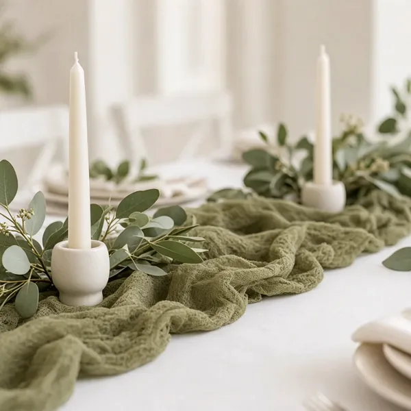 Olive green cheesecloth table runner styled for a wedding table