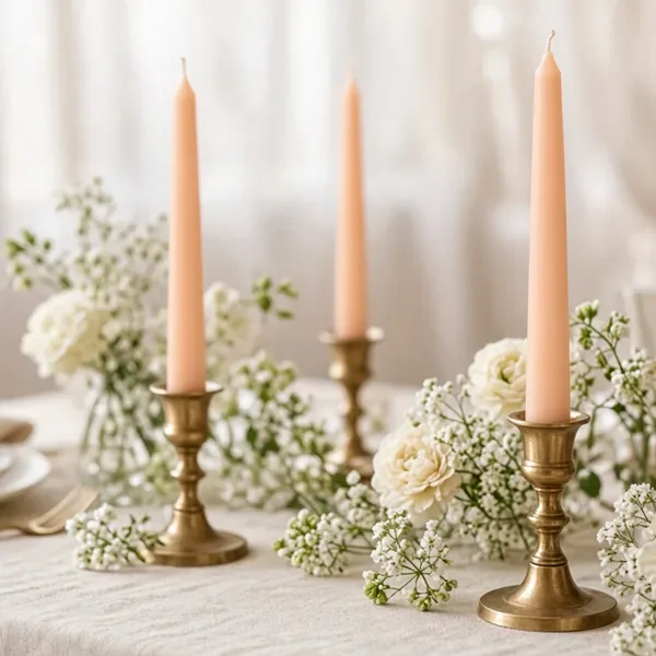 Peach taper candles styled for a wedding table