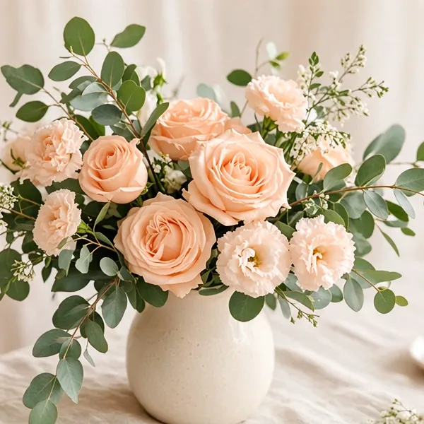 Peach artificial flowers styled for a wedding table