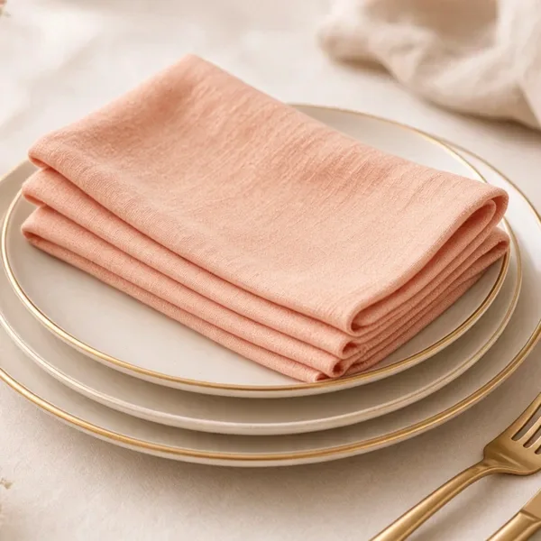 Peach cloth napkins styled for a wedding table