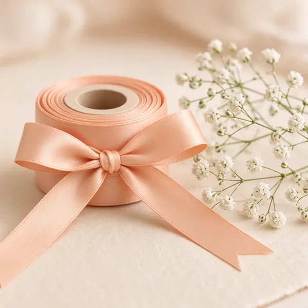 Peach chiffon & satin ribbon styled for a wedding table
