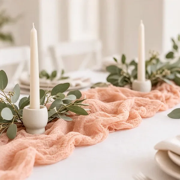 Peach cheesecloth table runner styled for a wedding table