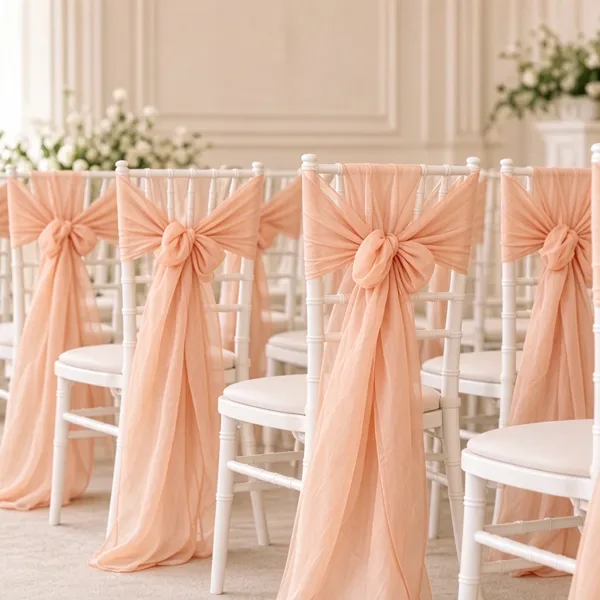 Peach chair sashes styled for a wedding table