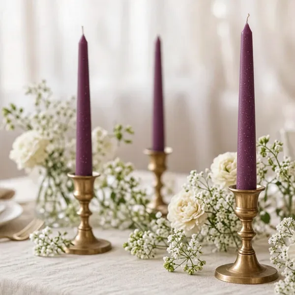 Plum taper candles styled for a wedding table