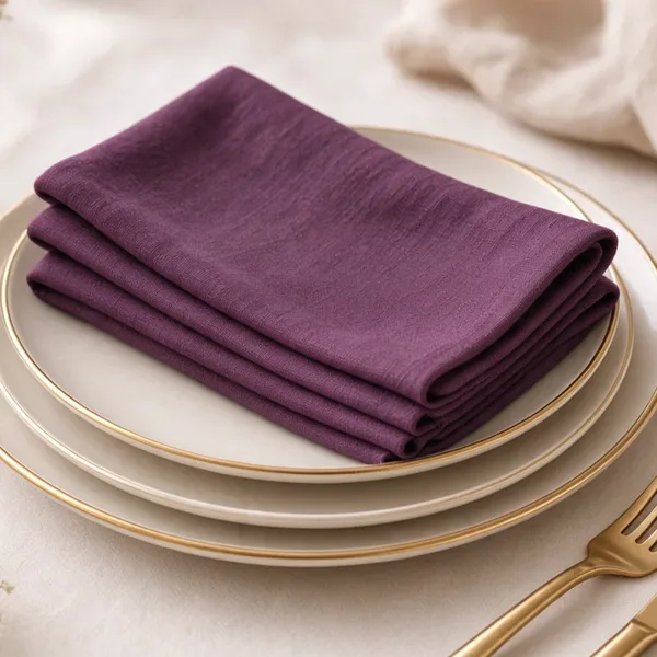 Plum cloth napkins styled for a wedding table