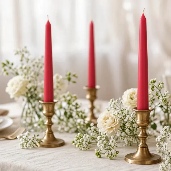 Red taper candles styled for a wedding table