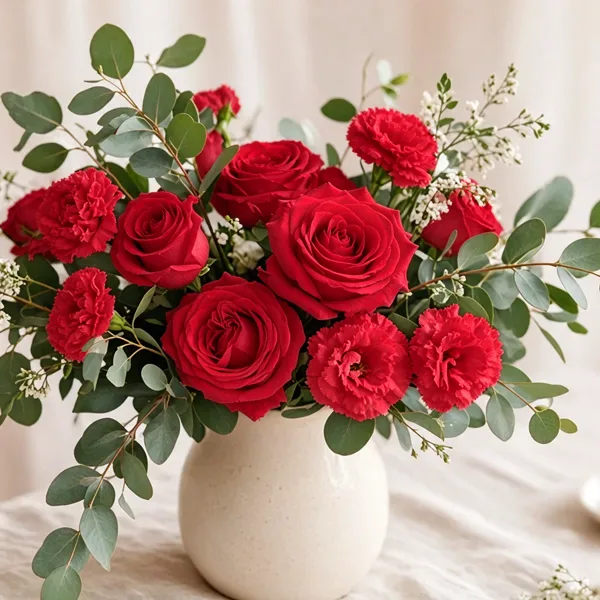 Red artificial flowers styled for a wedding table