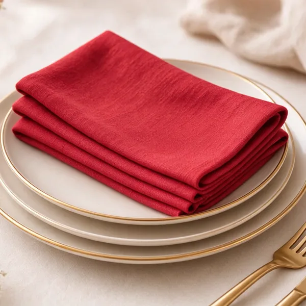 Red cloth napkins styled for a wedding table