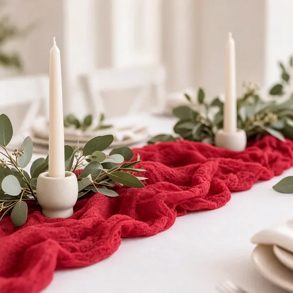 Red cheesecloth table runner styled for a wedding table