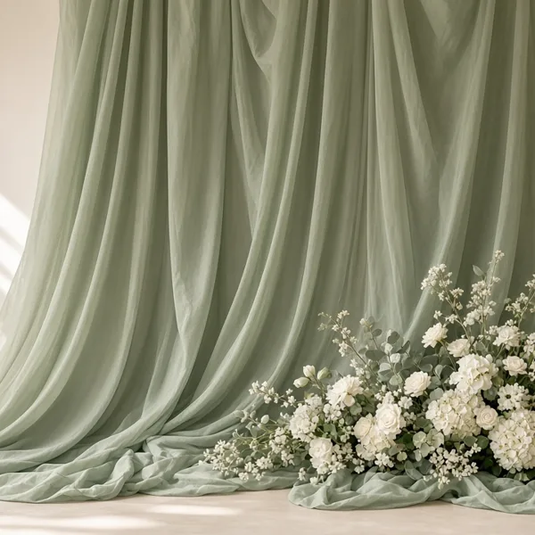 Sage green chiffon backdrop drapes styled for a wedding table