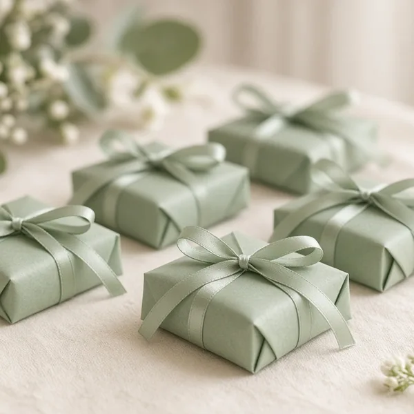 Sage green favor bags & boxes styled for a wedding table