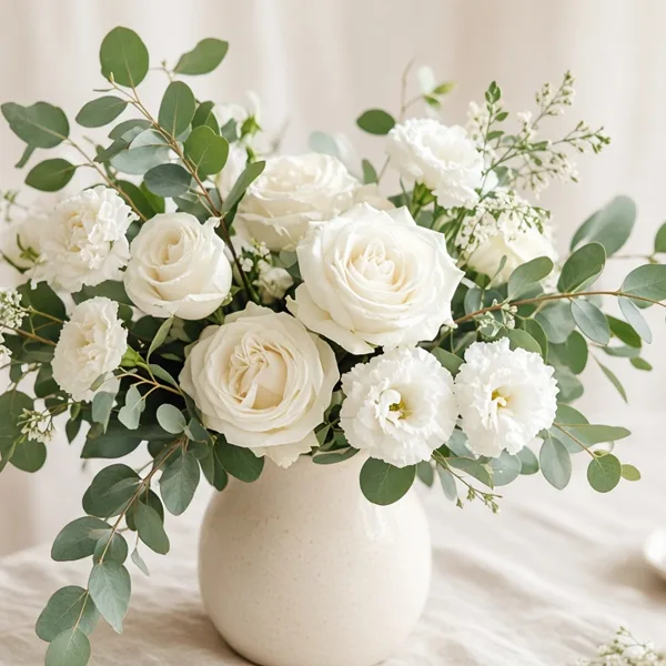 Sage green artificial flowers styled for a wedding table