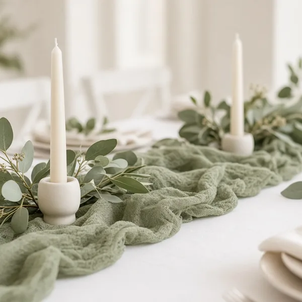 Sage green cheesecloth table runner styled for a wedding table